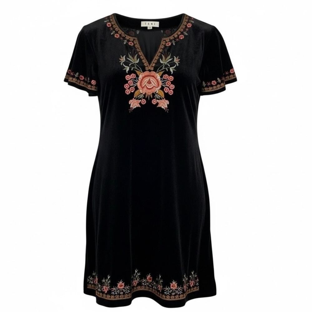 THML Black Velvet Dress Floral Embroidered Boho Folk Shift Dress Size S